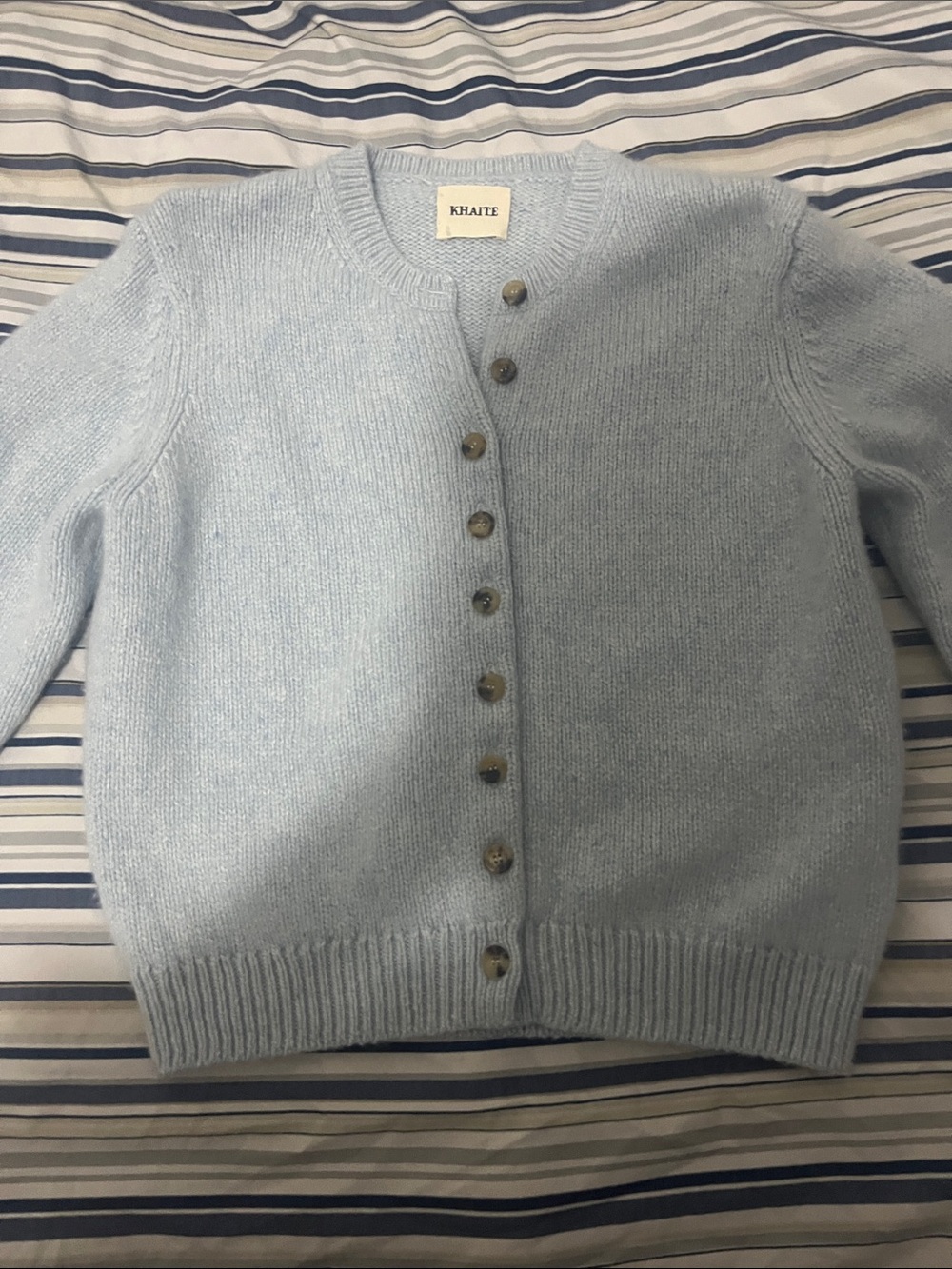 KHAITE Powder Blue Button-Front Crewneck Cardigan Cashmere